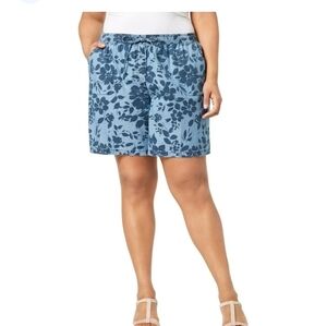 Karen Scott Chambray Cotton Drawstring Printed Shorts